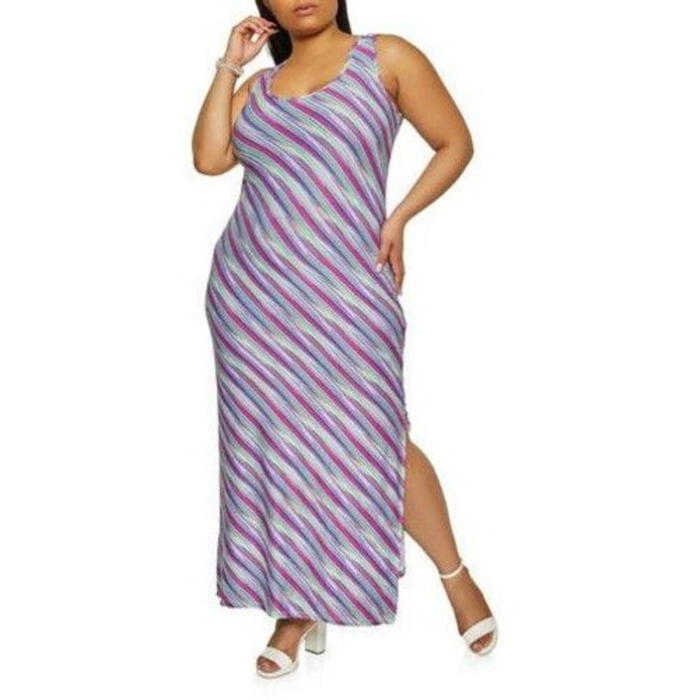 Love Multi-Color Diagonal Striped Tank Stretch Maxi Women Dress With Slit Size M
